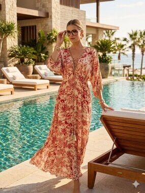 Z&L Europe Bohemian Caftan Maxi Dress S Red Cream Floral Gold Beads Boho Resort